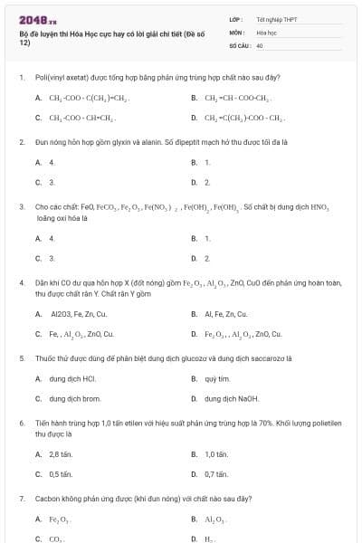 Bộ đề luyện thi Hóa Học cực hay có lời giải chi tiết (Đề số 12)