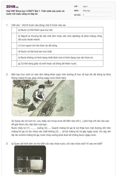 Giải VBT Khoa học 4 KNTT Bài 1. Tính chất của nước và nước với cuộc sống có đáp án