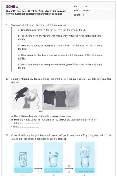 Giải VBT Khoa học 4 KNTT Bài 2. Sự chuyển thể của nước và vòng tuần hoàn của nước trong tự nhiên có đáp án