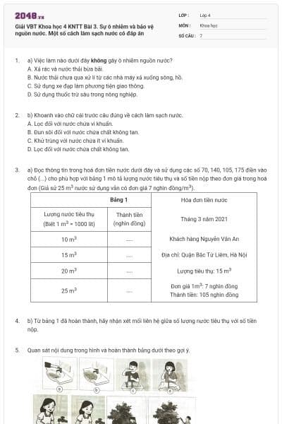 Giải VBT Khoa học 4 KNTT Bài 3. Sự ô nhiễm và bảo vệ nguồn nước. Một số cách làm sạch nước có đáp án