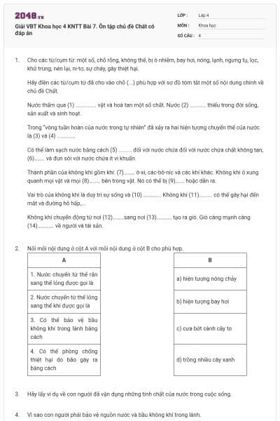 Giải VBT Khoa học 4 KNTT Bài 7. Ôn tập chủ đề Chất có đáp án