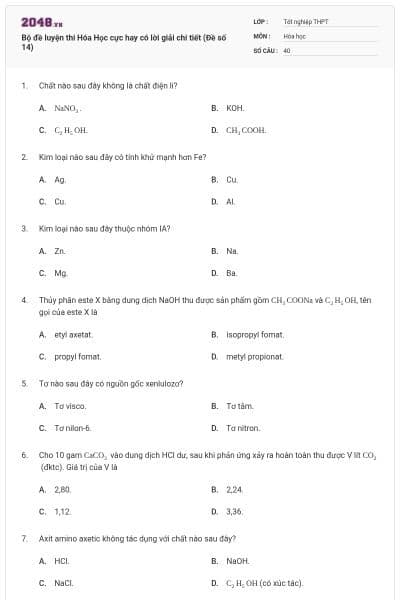 Bộ đề luyện thi Hóa Học cực hay có lời giải chi tiết (Đề số 14)