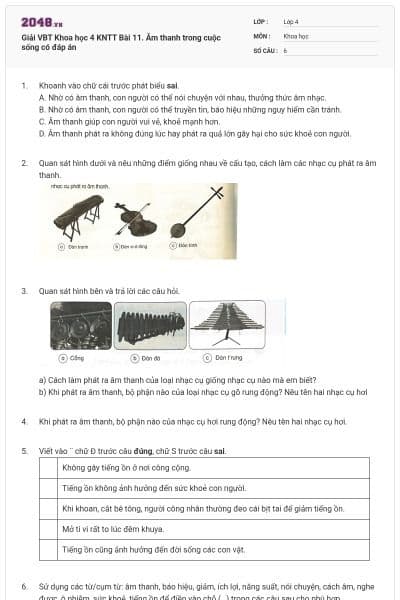 Giải VBT Khoa học 4 KNTT Bài 11. Âm thanh trong cuộc sống có đáp án