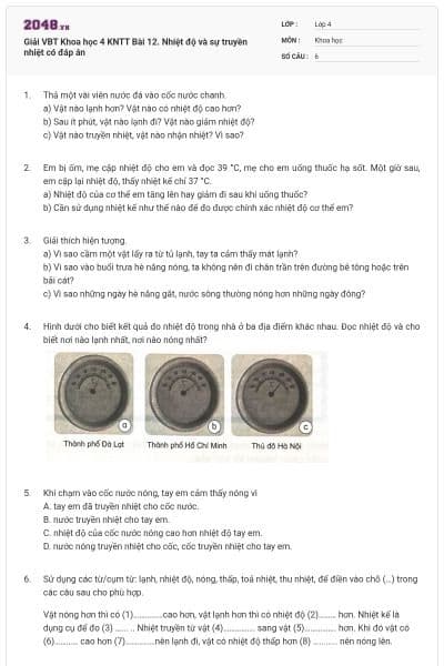 Giải VBT Khoa học 4 KNTT Bài 12. Nhiệt độ và sự truyền nhiệt có đáp án
