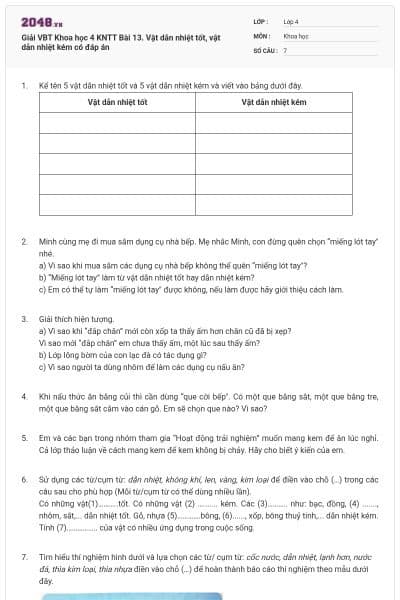 Giải VBT Khoa học 4 KNTT Bài 13. Vật dẫn nhiệt tốt, vật dẫn nhiệt kém có đáp án