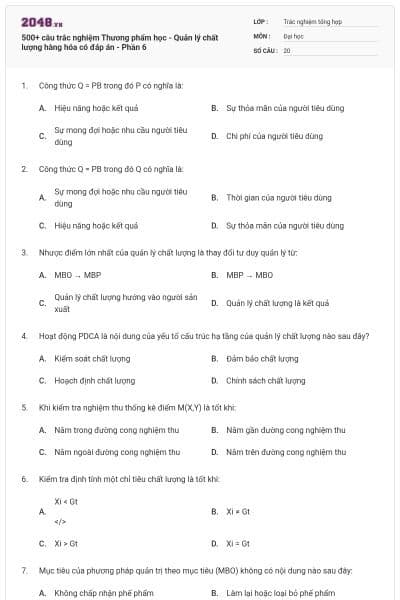 500+ câu trắc nghiệm Thương phẩm học - Quản lý chất lượng hàng hóa có đáp án - Phần 6