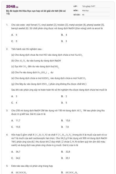 Bộ đề luyện thi Hóa Học cực hay có lời giải chi tiết (Đề số 15)