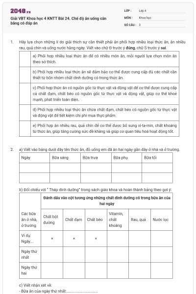 Giải VBT Khoa học 4 KNTT Bài 24. Chế độ ăn uống cân bằng có đáp án