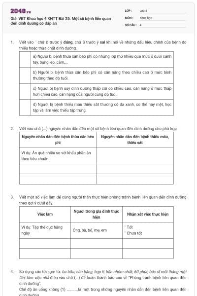 Giải VBT Khoa học 4 KNTT Bài 25. Một số bệnh liên quan đến dinh dưỡng có đáp án