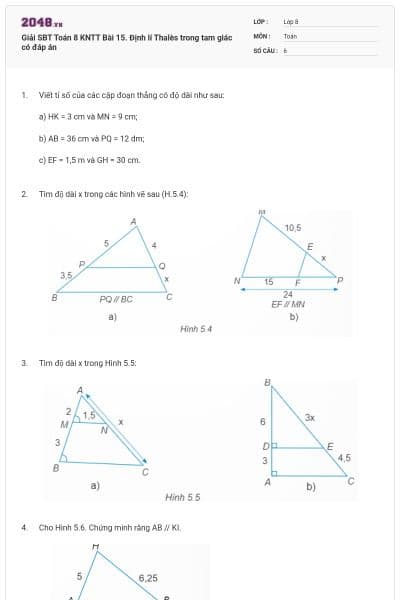 Giải SBT Toán 8 KNTT Bài 15. Định lí Thalès trong tam giác có đáp án