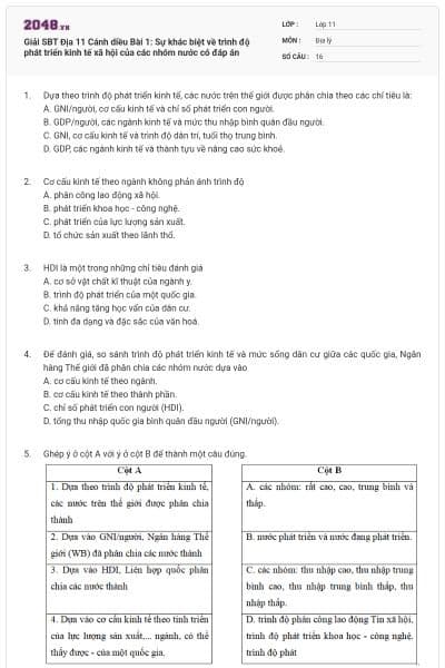 Giải SBT Địa 11 Cánh diều Bài 1: Sự khác biệt về trình độ phát triển kinh tế xã hội của các nhóm nước có đáp án