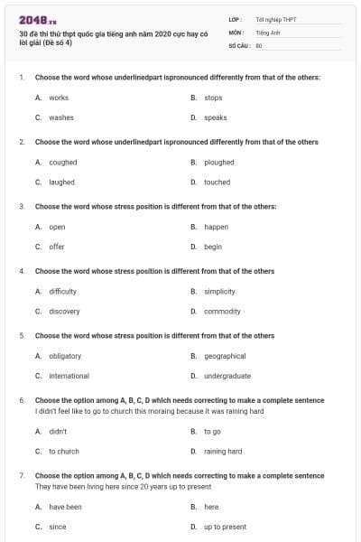 30 đề thi thử thpt quốc gia tiếng anh năm 2020 cực hay có lời giải (Đề số 4)