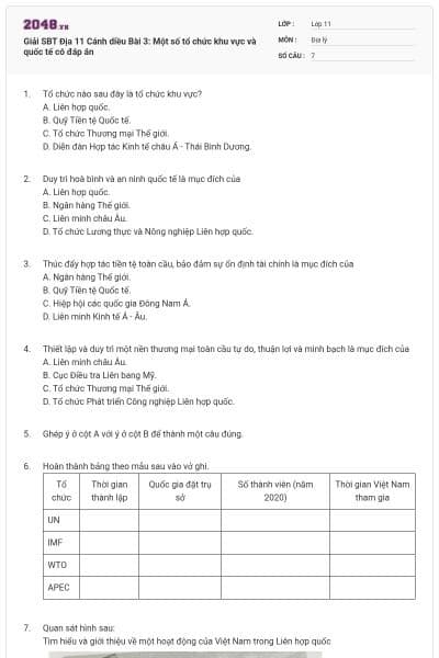 Giải SBT Địa 11 Cánh diều Bài 3: Một số tổ chức khu vực và quốc tế có đáp án