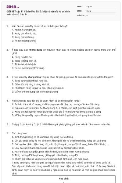 Giải SBT Địa 11 Cánh diều Bài 5: Một số vấn đề về an ninh toàn cầu có đáp án