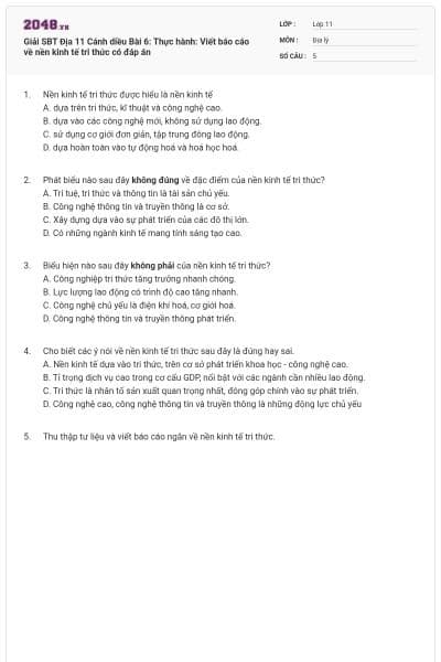 Giải SBT Địa 11 Cánh diều Bài 6: Thực hành: Viết báo cáo về nền kinh tế tri thức có đáp án