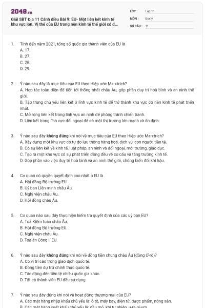 Giải SBT Địa 11 Cánh diều Bài 9: EU- Một liên kết kinh tế khu vực lớn. Vị thế của EU trong nền kinh tế thế giới có đáp án