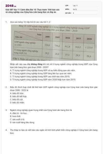 Giải SBT Địa 11 Cánh diều Bài 10: Thực hành: Viết báo cáo về công nghiệp của Cộng hòa Liên bang Đức có đáp án