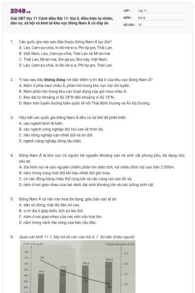 Giải SBT Địa 11 Cánh diều Bài 11: Địa lí, điều kiện tự nhiên, dân cư, xã hội và kinh tế khu vực Đông Nam Á có đáp án