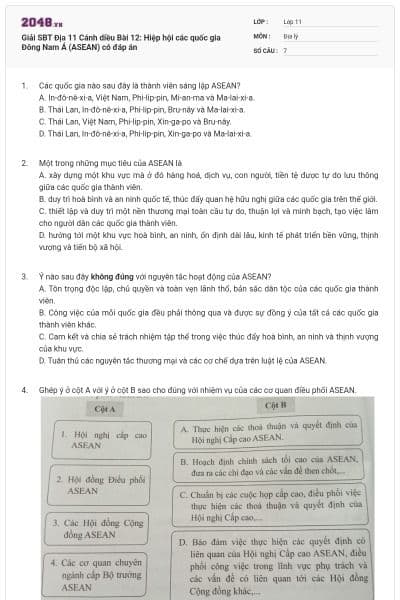 Giải SBT Địa 11 Cánh diều Bài 12: Hiệp hội các quốc gia Đông Nam Á (ASEAN) có đáp án