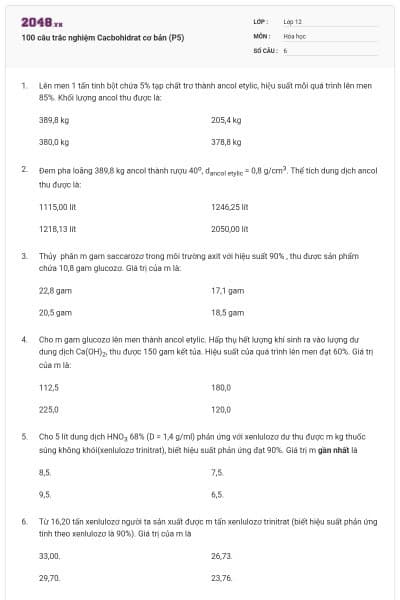 100 câu trắc nghiệm Cacbohidrat cơ bản (P5)