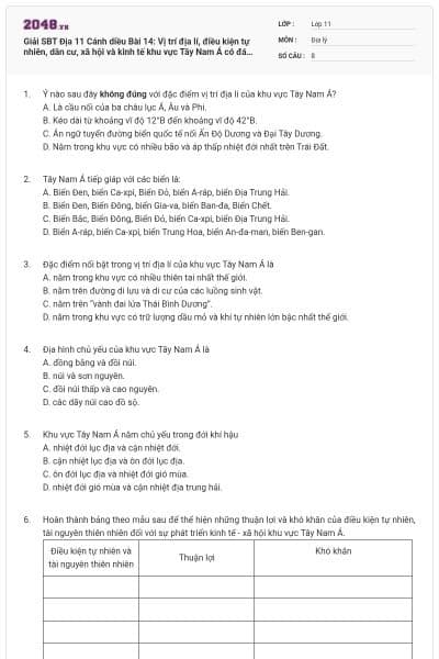 Giải SBT Địa 11 Cánh diều Bài 14: Vị trí địa lí, điều kiện tự nhiên, dân cư, xã hội và kinh tế khu vực Tây Nam Á có đáp án
