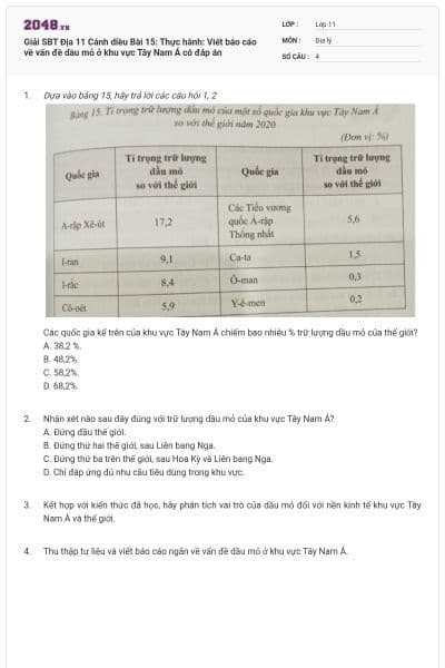 Giải SBT Địa 11 Cánh diều Bài 15: Thực hành: Viết báo cáo về vấn đề dầu mỏ ở khu vực Tây Nam Á có đáp án