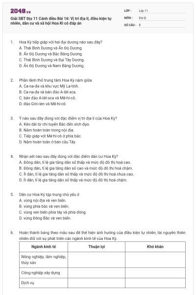 Giải SBT Địa 11 Cánh diều Bài 16: Vị trí địa lí, điều kiện tự nhiên, dân cư và xã hội Hoa Kì có đáp án