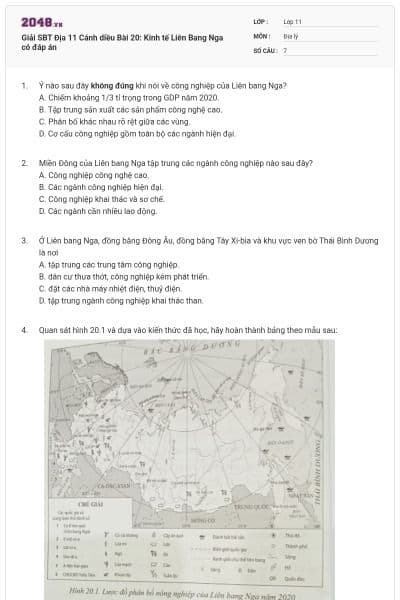 Giải SBT Địa 11 Cánh diều Bài 20: Kinh tế Liên Bang Nga có đáp án