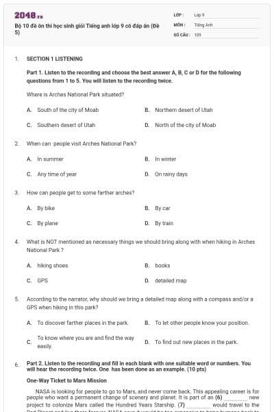 Bộ 10 đề ôn thi học sinh giỏi Tiếng anh lớp 9 có đáp án (Đề 5)