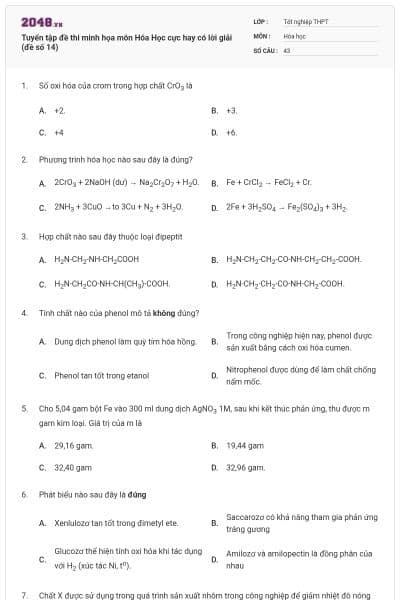Tuyển tập đề thi minh họa môn Hóa Học cực hay có lời giải (đề số 14)