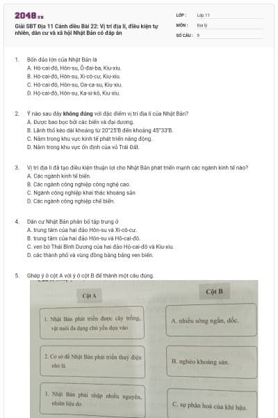 Giải SBT Địa 11 Cánh diều Bài 22: Vị trí địa lí, điều kiện tự nhiên, dân cư và xã hội Nhật Bản có đáp án