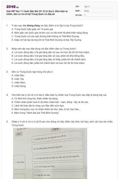 Giải SBT Địa 11 Cánh diều Bài 25: Vị trí địa lí, điều kiện tự nhiên, dân cư và xã hội Trung Quốc có đáp án