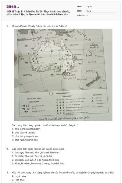 Giải SBT Địa 11 Cánh diều Bài 28: Thực hành: Đọc bản đồ, phân tích số liệu, tư liệu và viết báo cáo về tình hình phát triển kinh tế Ô- xtray- lia- a có đáp án