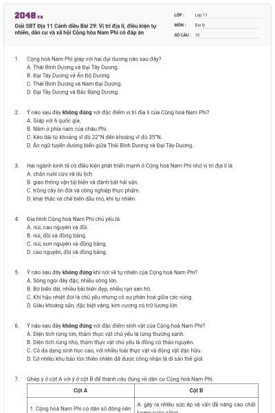Giải SBT Địa 11 Cánh diều Bài 29: Vị trí địa lí, điều kiện tự nhiên, dân cư và xã hội Cộng hòa Nam Phi có đáp án