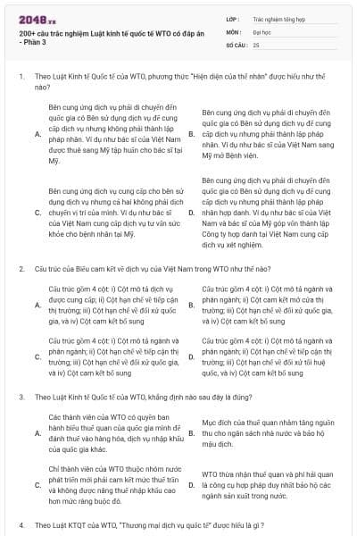 200+ câu trắc nghiệm Luật kinh tế quốc tế WTO có đáp án - Phần 3