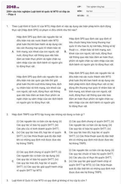 200+ câu trắc nghiệm Luật kinh tế quốc tế WTO có đáp án - Phần 4