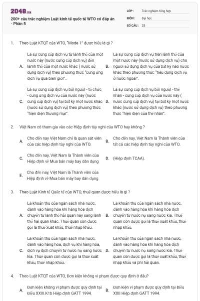 200+ câu trắc nghiệm Luật kinh tế quốc tế WTO có đáp án - Phần 5