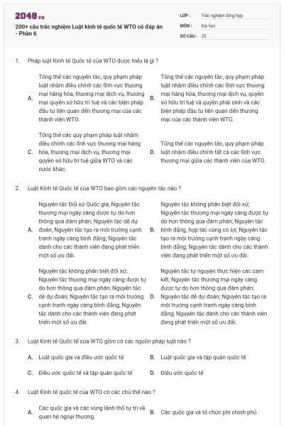 200+ câu trắc nghiệm Luật kinh tế quốc tế WTO có đáp án - Phần 6