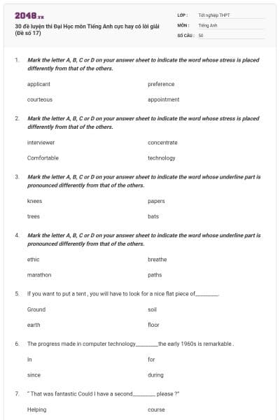 30 đề luyện thi Đại Học môn Tiếng Anh cực hay có lời giải (Đề số 17)