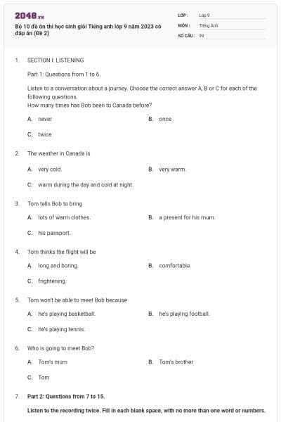 Bộ 10 đề ôn thi học sinh giỏi Tiếng anh lớp 9 năm 2023 có đáp án (Đề 2)