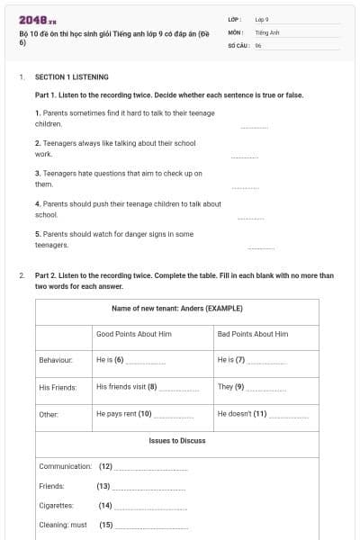 Bộ 10 đề ôn thi học sinh giỏi Tiếng anh lớp 9 có đáp án (Đề 6)