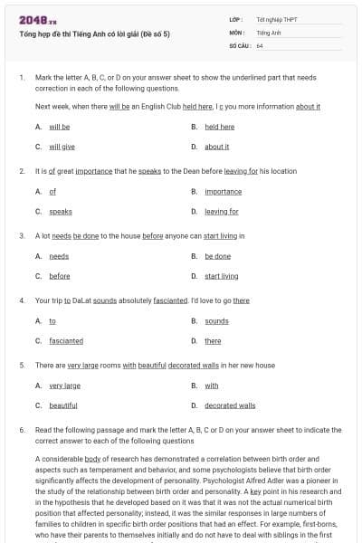 Tổng hợp đề thi Tiếng Anh có lời giải (Đề số 5)