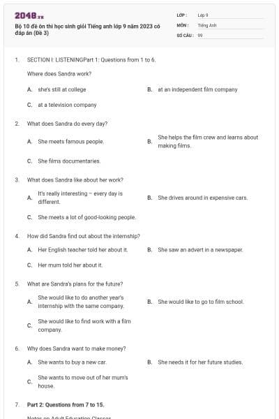 Bộ 10 đề ôn thi học sinh giỏi Tiếng anh lớp 9 năm 2023 có đáp án (Đề 3)