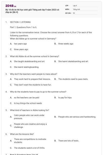 Bộ 10 đề ôn thi học sinh giỏi Tiếng anh lớp 9 năm 2023 có đáp án (Đề 4)