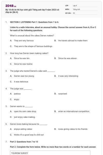 Bộ 10 đề ôn thi học sinh giỏi Tiếng anh lớp 9 năm 2023 có đáp án (Đề 6)