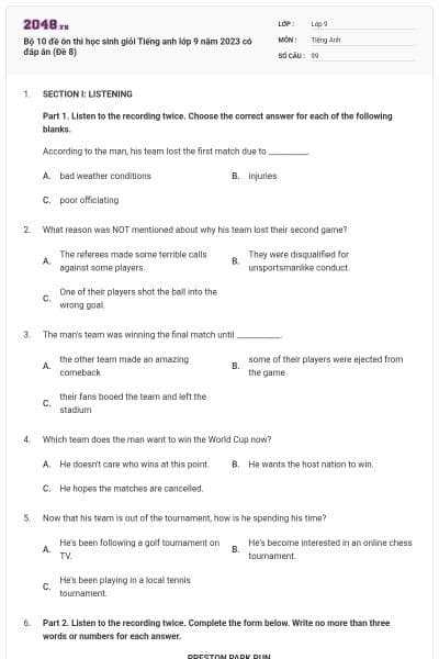 Bộ 10 đề ôn thi học sinh giỏi Tiếng anh lớp 9 năm 2023 có đáp án (Đề 8)