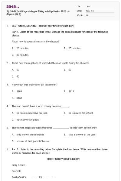 Bộ 10 đề ôn thi học sinh giỏi Tiếng anh lớp 9 năm 2023 có đáp án (Đề 9)