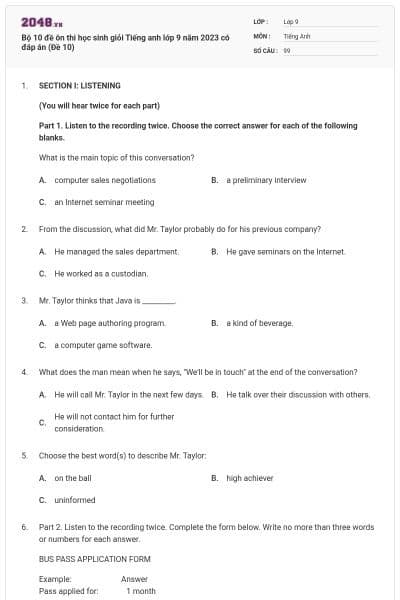 Bộ 10 đề ôn thi học sinh giỏi Tiếng anh lớp 9 năm 2023 có đáp án (Đề 10)