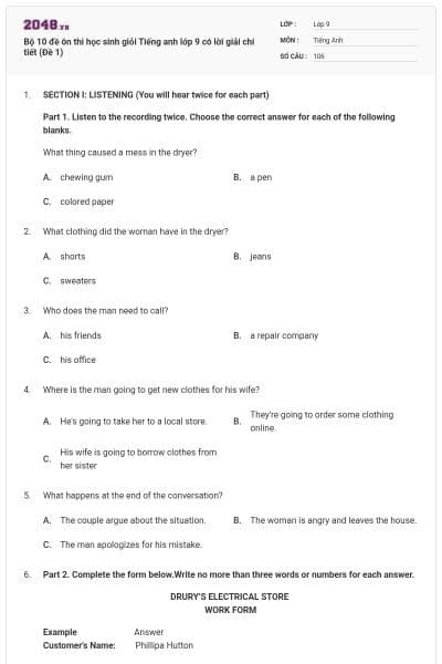 Bộ 10 đề ôn thi học sinh giỏi Tiếng anh lớp 9 có lời giải chi tiết (Đề 1)