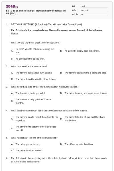Bộ 10 đề ôn thi học sinh giỏi Tiếng anh lớp 9 có lời giải chi tiết (Đề 3)